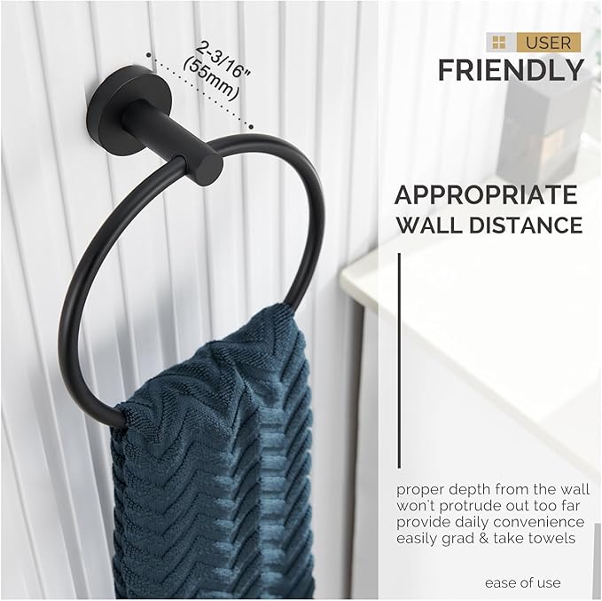 Towel Ring Matte Black, Angle Simple Stainless Steel Bathroom Hand Towel Rack, Wall Mounted Face Towel Holder