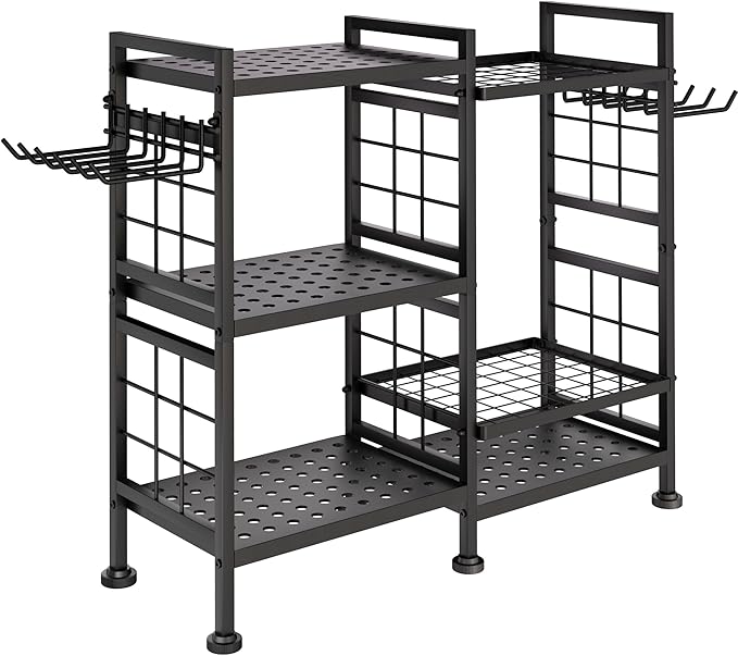 GIOTORENT 6 Tier Garden Tool Organizer, Garage Storage and Organization, Metal Yard Tools Storage Rack, Heavy Duty Garden Tool Organizer for Garage, Yard, Patio, Shed, Indoors and Outdoors, Black
