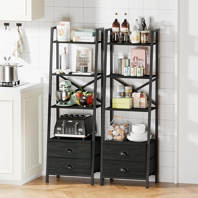 Furologee 4-Tier Ladder Shelf,Small Bookshelf with 2 Drawers,Vertical Bookcase Storage Rack Organizer,Rustic Bookshelves for Living Room,Bedroom,Bathroom,Home Office,Kitchen,Rustic Brown,Black Oak
