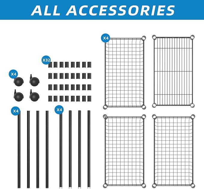 4 Tier Wire Shelving Wire Basket Shelf Storage Cart Adjustable Metal Shelf 2 Bottoms for Choose(Castor or Leveling Feet) for Office,Kitchen,Bedroom,Black(23.23" L x 13.11" W x 49.21" H)