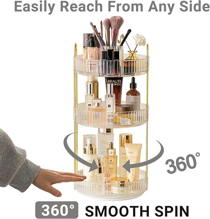 360 Rotating Makeup Organizer,3 Tier Large Capacity Make Up Organizers and Storage,Skincare Perfume Vanity Organizers,Bathroom Cosmetics Storage Organizer Countertop(Clear)-NeatNest