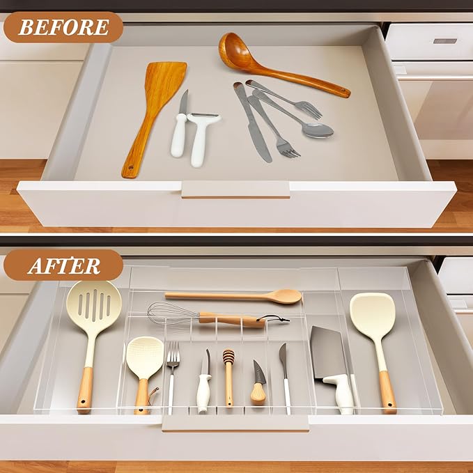 Expandable Kitchen Drawer Organizer Clear Acrylic Utensil Organizer Adjustable Acrylic Silverware Storage for Kitchen Drawers Silverware Flatware Knives (9-11 Compartments,18.5 x 17.4 Inches)