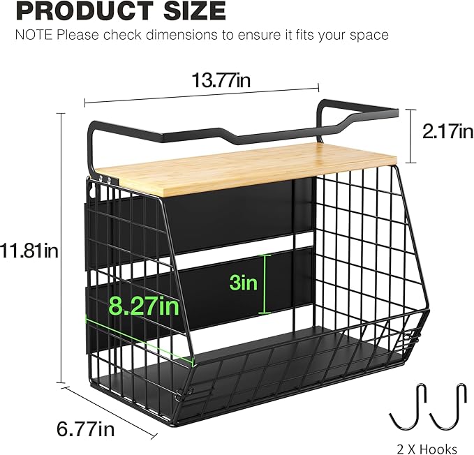 Magnetic Shelf for Fridge with Wider & Thicker Magnet, 1 Pack Refrigerator Organizer Storage Basket for Fruit, Onion, Potato, Spice Rack, Kitchen, Laundry, Pantry (Black, 13.77" x 6.77" x 11.81")