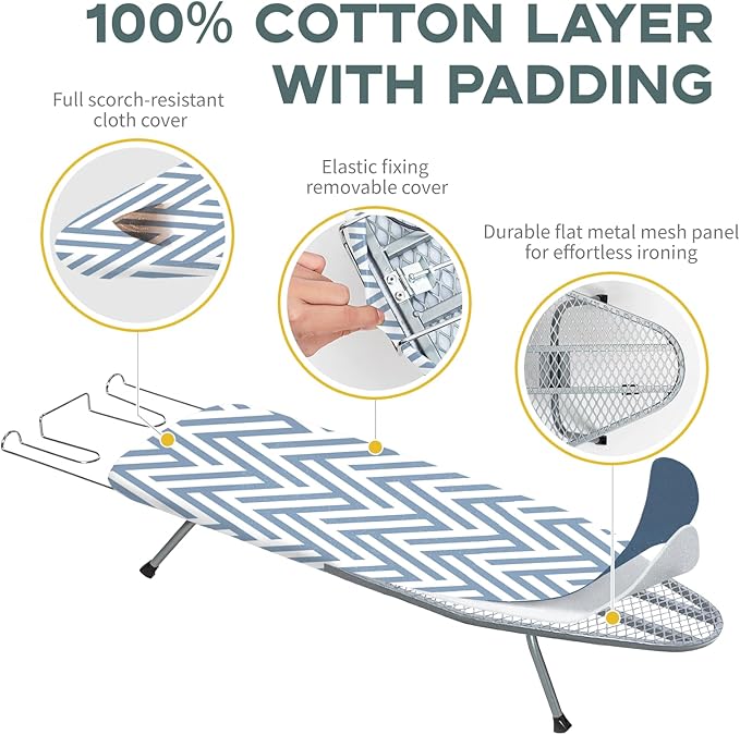 Small Tabletop Ironing Board Foldable, RAINHOL Steel Mesh Portable Iron Board for Dorm and Apartment, with Iron Rest and Heat-Resistant Cotton Cover, 31" x 12", Blue and White Stripes