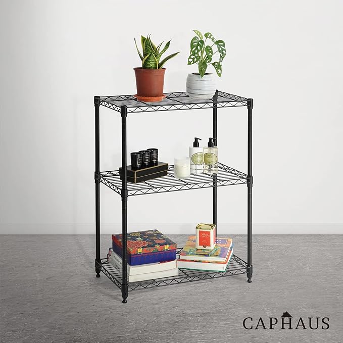 CAPHAUS 3/4/5-Tier Adjustable Height Wire Shelving Unit, Metal Steel Storage Shelve, Rack Shelving, Garage Shelving Storage Organizer, Utility Storage Shelf, 3-Tier Without Wheels, Black-NeatNest