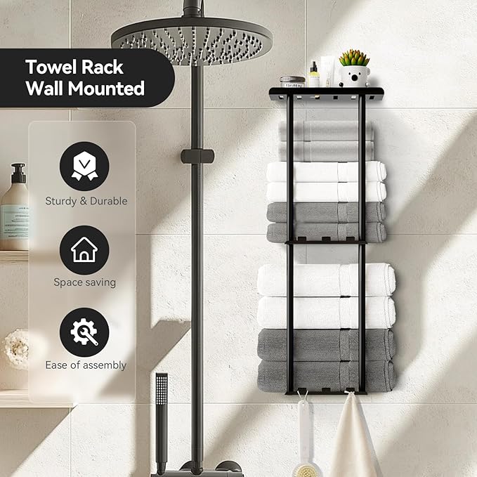 Towel Racks for Bathroom, 3 Tier Metal Towel Holder, with Shelf & 6 Hooks, 29 inch Wall Mounted Towel Storage, 6 Large Bath Towels Capacity,Small Bathroom Towel Rack for Rolled Towels, Black