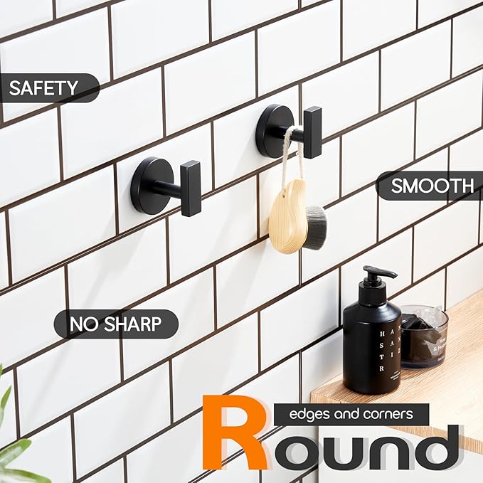 Robe Hook Matte Black Bath Towel Hooks Stainless Steel Wall Hooks for Bathroom Kitchen Closet Garage Door Hanger 2 Pack, AN1001MB-P2