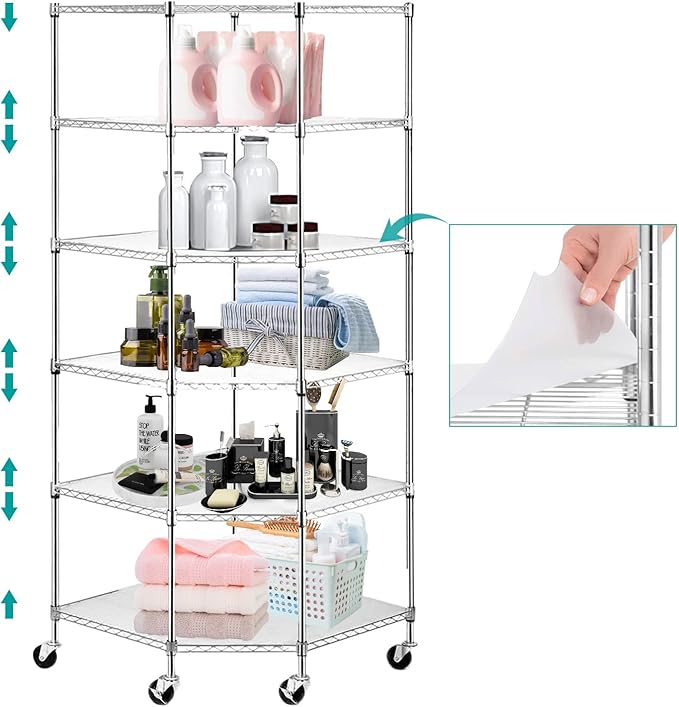 BNSPLY 6 Tier Corner Wire Shelving Unit, Adjustable Metal Storage Rack, Mobile Corner Wire Shelves for Kitchen, Laundry, Bathroom, Pantry, Closet Organization (26.7" D x 26.7" W x 71" H, Chrome)-NeatNest