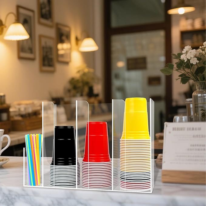 4 Compartments Acrylic Cup and Lid Holder, Clear Disposable Coffee Cup Holder Organizer,Cup Dispenser for Kitchen Bar Shop Party Supplies-NeatNest