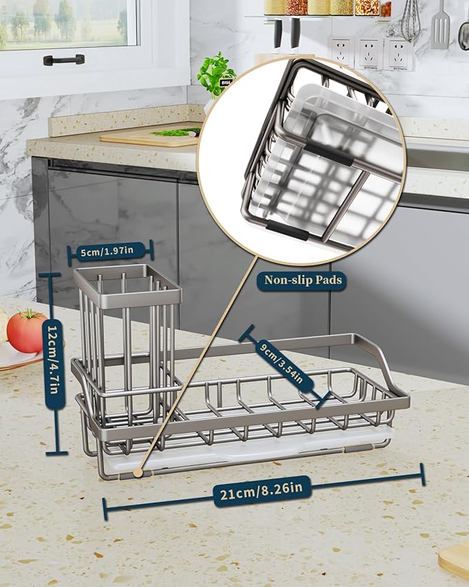 Consumest Sponge Holder for Kitchen Sink, Sink Caddy Organizer with Removable Drip Tray, Countertop Dish Soap Holder and Brush Holder, 304 Stainless Steel - Sand Nickel-NeatNest