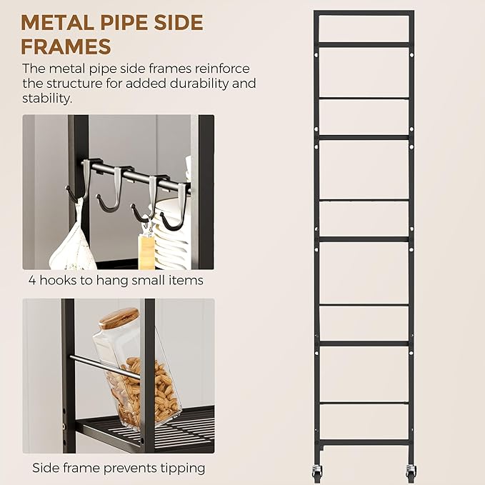 5-Tier Metal Storage Rack with Industrial Wheels,Mesh Shelving Unit with Wooden Table top,Adjustable Shelf,23.6-Inch Width,for Kitchen, Laundry,Pantry,Plant,Black