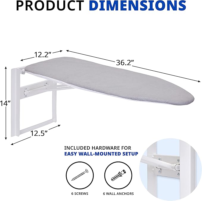 Ivation Wall-Mounted Ironing Board | Foldable 36.2” x 12.2”, Fold Down Ironing Station for Home, Apartment & Dorms, Easy-Release Lever, Removable Cotton Cover, Mounting Hardware Included