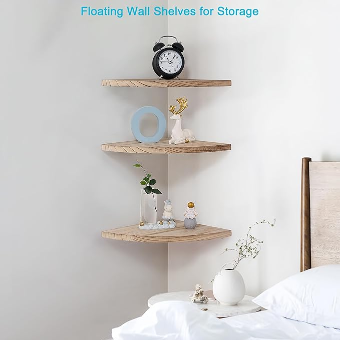 Corner Wall Shelves, Wood Corner Floating Shelves with Cable raceway, Wall Mount Storage Display for TV Accessories, Monitor, Speaker, Cable Box, Game Console (Carbonized, Fan-Shaped- 10 Inch)-NeatNest