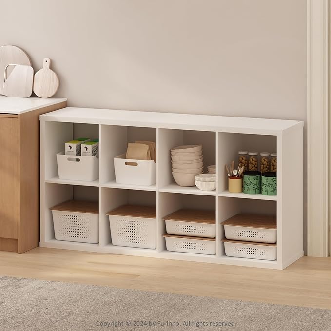 Furinno Hermite 8-Cube Open Shelves Kitchen Storage, Kitchen Island, Bakers Rack, Buffet Sideboard, White-NeatNest