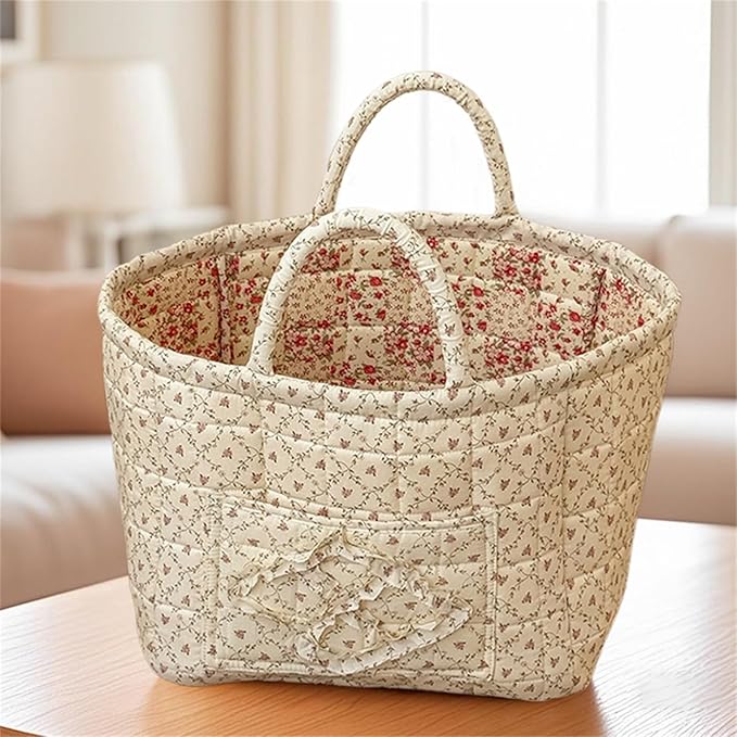 Boho Fabric Storage Basket Quilted Floral Print Baskets Organizer Bin with Handles for Home, Picnic, Shopping (Yellow, L)-NeatNest