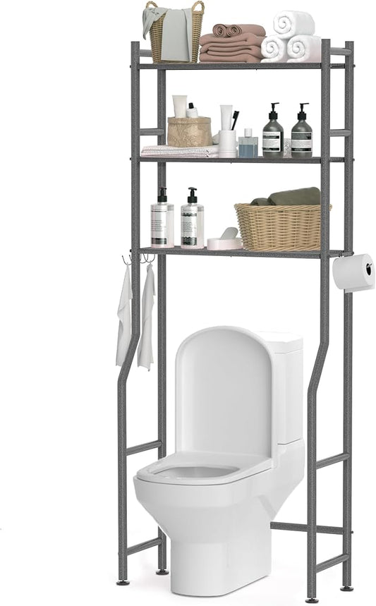 3 Tier Over The Toilet Storage Rack with 2 Basket, Metal Freestanding Bathroom Shelves Toilet with Paper Holder and 4 Hooks, Over Toilet Storage Shelf for Bathroom Storage, Snow Black-NeatNest
