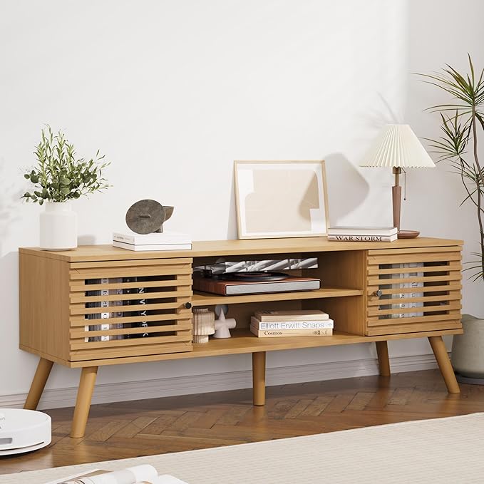 53" Mid Century Modern TV Stand for 50/55/60 inch TV, TV Media Console with Slatted Doors for TVs up to 60", Entertainment Center with Storage for Living Room, Bedroom, Oak-NeatNest