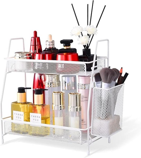 2024 upgraded Bathroom Organizer with Basket, 2-Tier Bathroom Tray for Countertop Storage Shelf, Vanity Organizer and Storage Kitchen Counter Organizers Spice Rack(White)-NeatNest