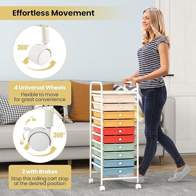 COSTWAY 10-Drawer Rolling Storage Cart, Utility Mobile Trolley with Removable Drawers & Universal Casters & 2 Brakes, Versatile Flexible Drawer Organizer Cart for Home, Office, Macaron-NeatNest
