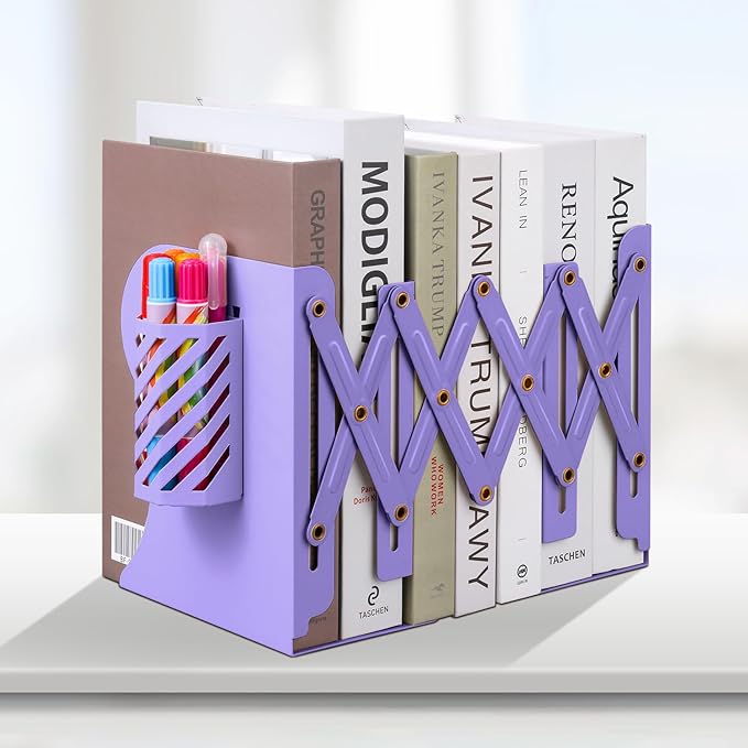 Honagu Adjustable Bookends, Metal Book Ends for Shelves Heavy Book, Desk Magazine File Organizer for Home, Office, Books, Papers, Extends up to 19 inches with Pen Holder (Purple)