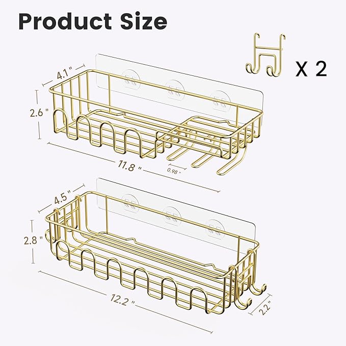 Adhesive Shower Caddy: 2 Bonus Hooks, 4-Pack Wall Mounted Bathroom Storage Shelf, Rustproof Metal Basket Organizer for Kitchen & Bathroom No Drill Gold