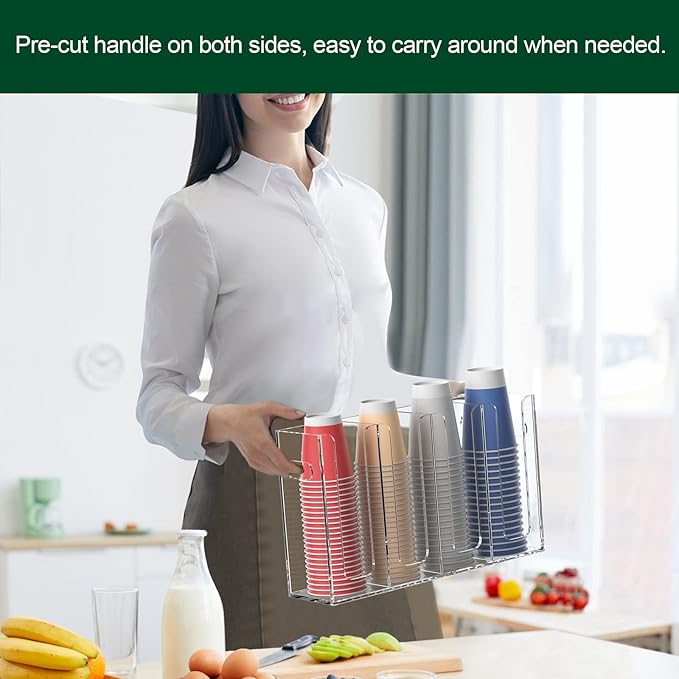 Disposable Coffee Cup Dispenser with Handles, Countertop or Wall Mount Hot/Cold Drink Cup and Lid Holder - Bathroom/Kitchen/Office Acrylic Cup Lid Storage Organizer (4 Compartments, Clear)-NeatNest