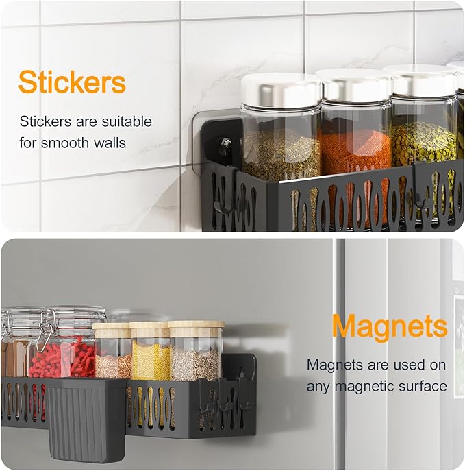 4 Pack Magnetic Spice Rack for Refrigerator, Spice Rack Organizer, Moveable Magnetic Shelf Fridge Organizer with 4 Hooks for Kitchen and Oven Organization, Black Large