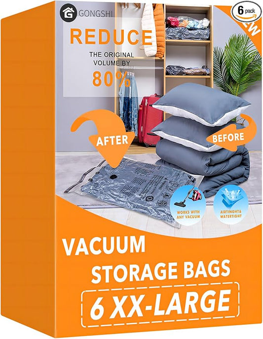 6 XX Large Vacuum Storage Bags, Space Saver Sealer Compression Bags for Blankets, Comforters, Pillows, Clothes Storage-NeatNest