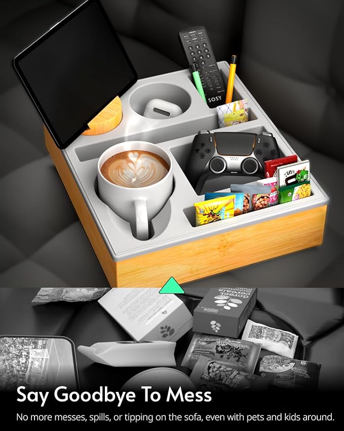 Couch Cup Holder Tray - Couch Organizer Caddy, Silicone Beach Caddy with Cup Holder, Sofa and Bed Drink Holder and Couch Tray Table for Snacks Beverage Remote (Gray)-NeatNest