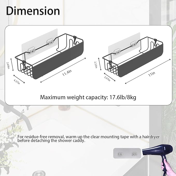 Epock Adhesive Shower Caddy Shelf Rack, 2 Pack No Drilling bathroom organizers for storage with 4 hooks, Black