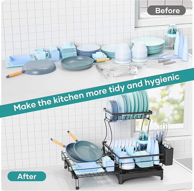 Dish Drying Rack for Kitchen Counter, Extendable Dish Rack with Drainboard, Kitchen Countertop 2 Tier Dish Drying Rack, Expandable Dish Strainer with Cutlery Holder, Removable Cutlery Holder（Black）