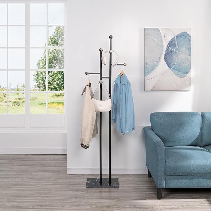 Coat Rack Freestanding with Square Marble Base Heavy Duty Metal Clothes Rack Hanging Stand for Entryway Bedroom Living Room Hotel 14.96 x 10.24 x 68.9 Inches (Black)-NeatNest