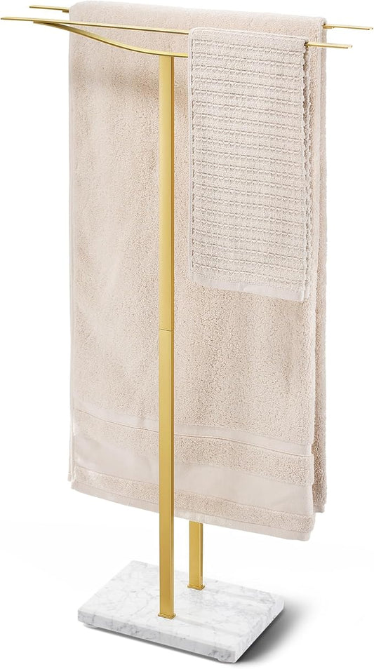 Bathroom Towel Rack Freestanding Floor Stand: Gold 36in 2‑Bar Weighted Marble Base Towel Holder, Rustproof 304 Stainless Steel Drying Rack for Bath&Hand Towels, No‑Drill Slim Organizer, Spa Pool
