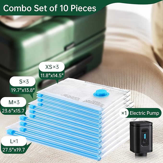 BRODI 10 Combo Pack Travel Vacuum Bags with Pump - Space Saver & Travel Essentials, Clothing & Luggage Vacuum Seal Bags-NeatNest