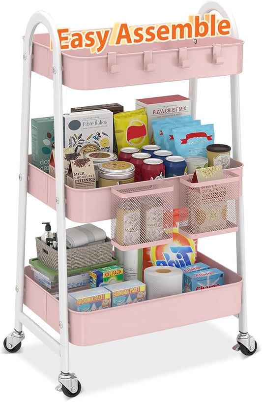 Sekey 3 Tier Rolling Cart Metal, Easy Install Utility Cart on Wheels, Hanging Cups & Hooks, Heavy Duty Storage Cart with Lockable Wheels for Baby Nursery, Bathroom, Kitchen, Laundry Room, Pink