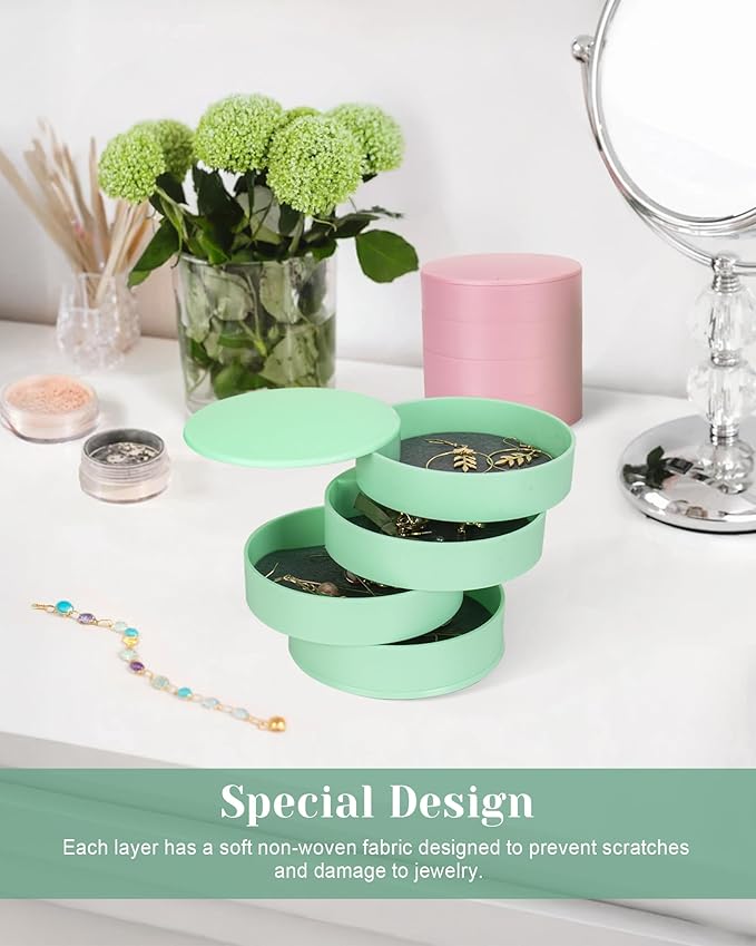 CONBOLA Jewelry Organizer, Small Jewelry Storage Box Earring Holder for Women, 4-Layer Rotating Travel Jewelry Tray Case with Lid for Bracelets Rings Bracelets-NeatNest