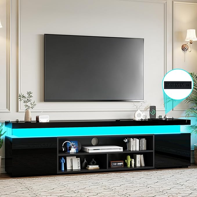 72" Modern TV Stand with LED Lights and Power Outlet for TVs Up to 80 inch, High Gloss Finish Entertainment Center, TV Console Cabinet with Storage for Living Room, Black-NeatNest