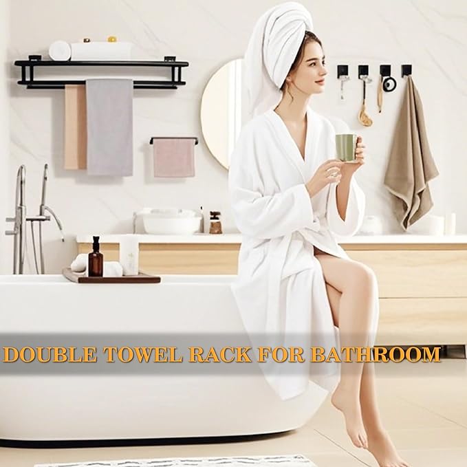 Alise Double Towel Rack for Bathroom,24 Inch Bathroom Tower Holder Towel Shelf with Double Towel Bars Wall Mount,SUS304 Stainless Steel Double Tower Bar for Bathroom Wall,Towel Hanger Matte Black