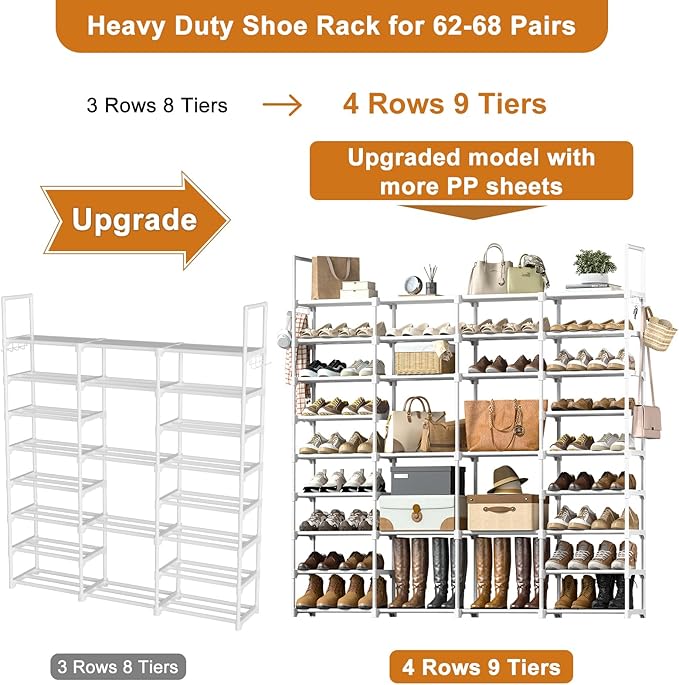 WOWLIVE 4 Row 10 Tiers Extra Large Shoe Rack 72-80 Pairs Big Tall Metal Shoe Shelf, Heavy Duty Organizer for Closet Entryway, Boot Rack Storage Stackable Stand for Garage White-NeatNest