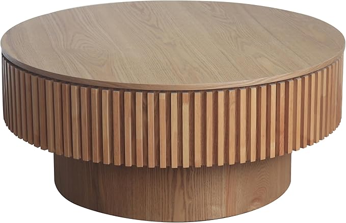 kevinplus 31.5'' Round Coffee Table with Storage Space, Modern Wood Circle Fluted Drum Pedestal Coffee Table for Living Room, Easy Assembly, Oak (ø31.49'' x 14'')