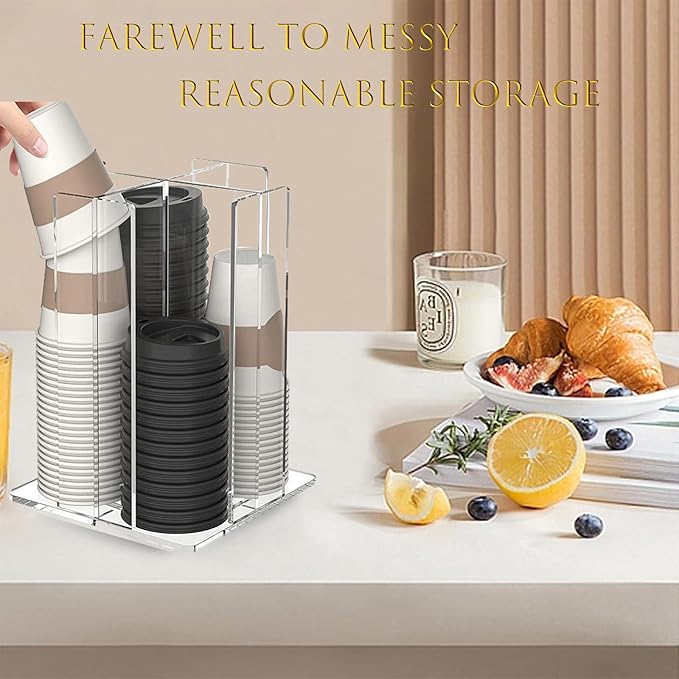 Cup and Lid Holder, 360° Rotated Coffee Cup Dispenser, Rotating Lid Carousel, Acrylic Cup Storage Organizer Beverage Cup Holder with 4 Compartments for Countertop Coffee Station Bar Restaurant, Clear-NeatNest