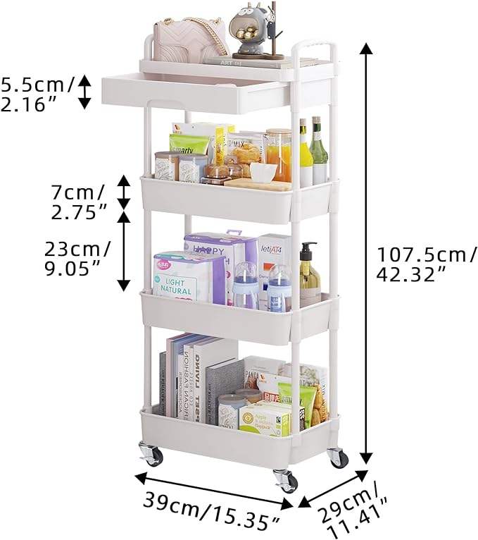 Calmootey 4-Tier Rolling Utility Cart with Drawer,Multifunctional Storage Organizer with Plastic Shelf & Metal Wheel,Storage Cart for Kitchen,Bathroom,Living Room,Office,White-NeatNest