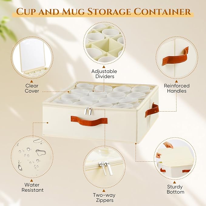 2 Pack Cup and Mug Storage Box with Dividers and Hard Shell, Stackable Coffee Cup Storage Organizer with Lid, Zipper, and Handles for Coffee Mugs, Cups, Glasses, Stemware Storage Containers for Moving-NeatNest