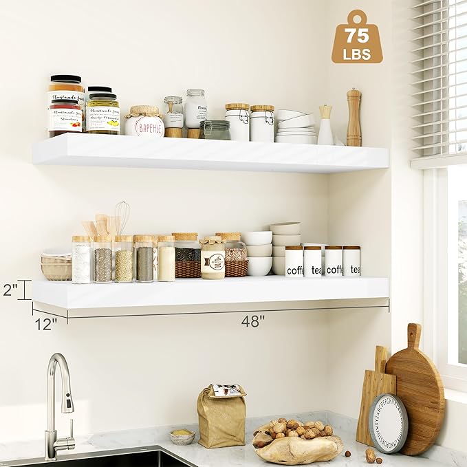 Heimlove White Bathroom Shelves Floating Shelves for Wall Shelf Over Toilet Long Wall Mounted Modern Farmhouse,48 x 12 Shelves with Invisible Brackets for Living Room, Kitchen, Bedroom-NeatNest