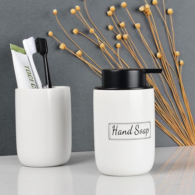 BosilunLife White Soap Dispenser Set - 2 Pack 12oz Ceramic Dish Soap Dispenser with Rust Proof Pump for Kitchen, Hand Soap and Lotion Set Suitable for Farmhouse Bathroom Decor with Waterproof Labels-NeatNest