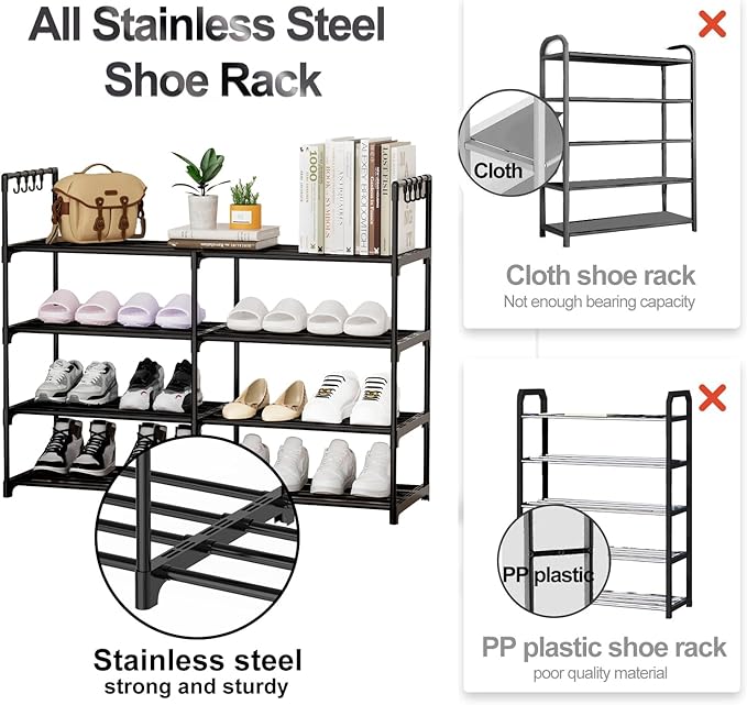 2 Rows 4 Tier Shoe Rack, Black Metal Stackable Shoe Shelf with Multifunctional Hooks, Hold 16-20 Pairs, Space Saving Shoe Organizer for Closet, Bedroom-NeatNest