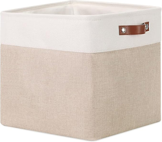 DULLEMELO Cube Storage Bin 13x13,Collapsible Fabric Storage Cube for Organizing,Cubby Storage Basket for Shelves,Closet,Laundry,Nursery,Toys,Clothes (White&Khaki)-NeatNest