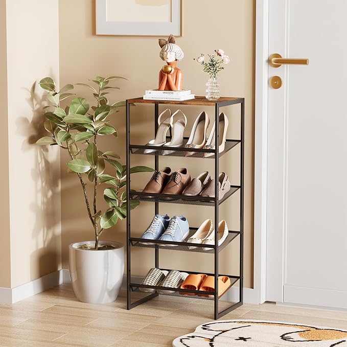 Garden 4 you 5 Tiers Narrow Shoe Rack,Small Space Freestanding Shoe Storage Organizer with Brown Wooden Tabletop,Adjustable Metal Shelf Stackable Shoe Shelf for Entryway Hallway Living Room Closet-NeatNest