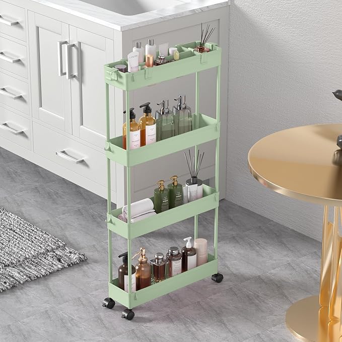 SPACELEAD Slim Storage Cart 4 Tier,Bathroom Organizer Rolling Utility,Mobile Shelving Unit Slide Out for Office, Kitchen, Laundry Room & Narrow Places，Green-NeatNest