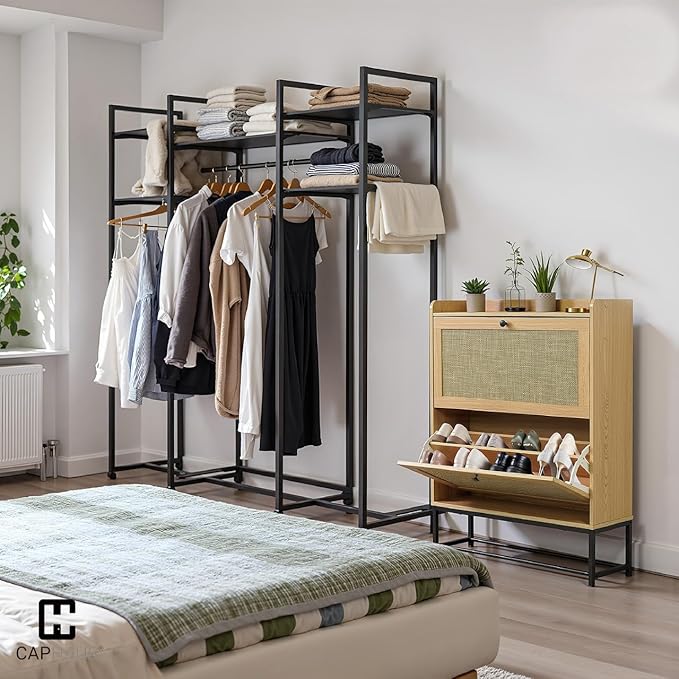 CAPHAUS Shoe Storage Cabinet w/Rattan Flip Drawers, Slim Thin Freestanding Entryway Shoes Organizer w/Adjustable & Removable Shelves, Modern Narrow Shoe Rack w/Metal Legs, Natural Oak